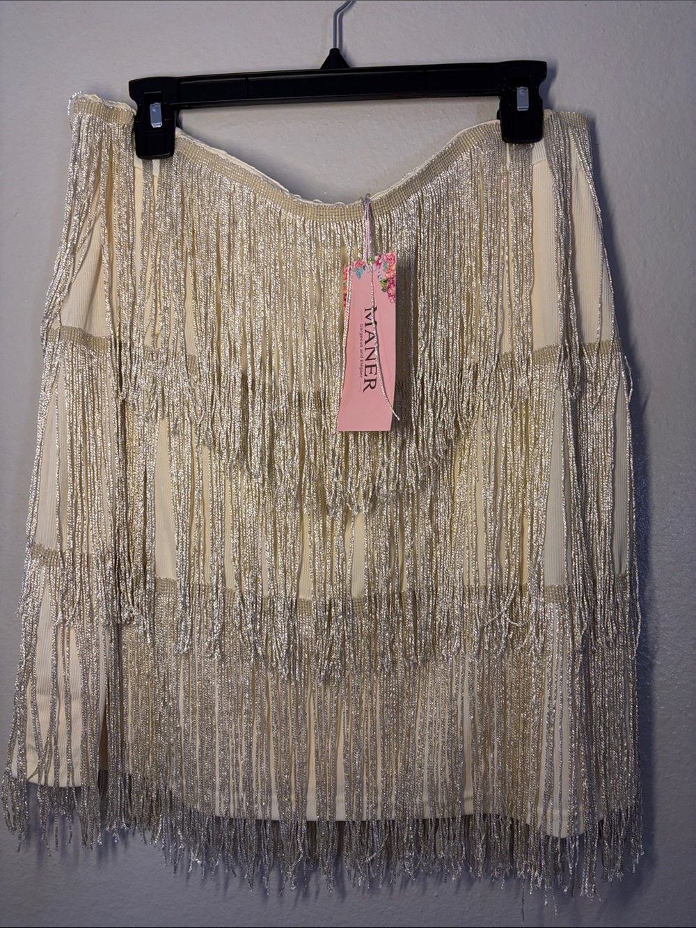 Vlaner Cream Mini Skirt with Silver Fringe